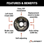 Lippert 3,500-lb tandem axle self-adjusting electric brake & 10-inch drum hub kit, 5-on-4.5, Dexter AL-KO compatible
