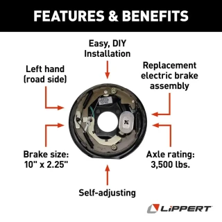 Lippert 3,500-lb axle 10x2.25 self-adjusting electric brake & fully assembled 5-on-4.5 drum hub kit – Dexter / Al-Ko compatible