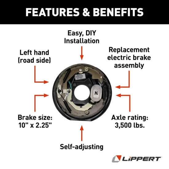 Lippert 3,500-lb tandem axle self-adjusting electric brake & 10-inch drum hub kit, 5-on-4.5, Dexter AL-KO compatible