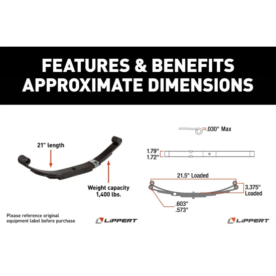 Lippert tandem axle suspension kit with 21" 1,400 lb leaf springs, tall equalizer (EQ-310), hangers, and 3" U-bolt mounting hardware