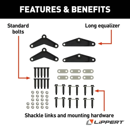 Lippert Triple Axle Suspension Kit – 2.375" Tube, 35" Spacing, 2,600-lb Springs, Long Equalizers Lippert Triple Axle Suspension Kit, 2.375" Tube, 2,600-lb Leaf Springs (25-1/4" Unloaded), Long Equalizers, Hangers & Hardware