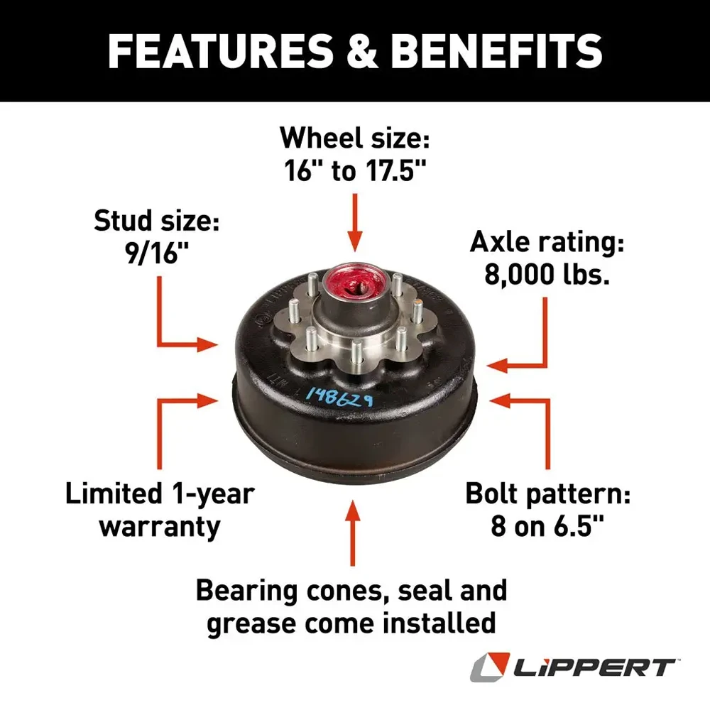 Lippert 8 K Tandem Axle Brake Drum & Hub Assembly 8 on 6.5 9/16 Studs – Set of 4, Dexter & AL-KO Compatible
