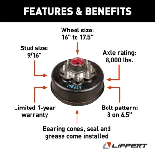 Lippert 8 K Tandem Axle Brake Drum & Hub Assembly 8 on 6.5 9/16 Studs – Set of 4, Dexter & AL-KO Compatible