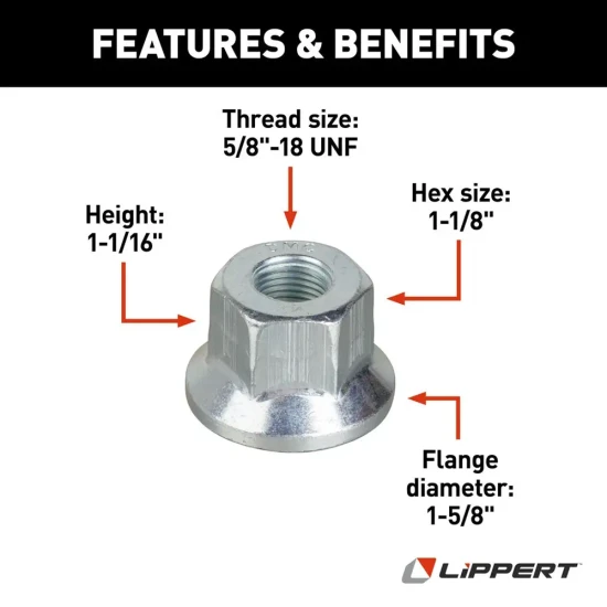 Lippert 16‑piece 5/8‑18 hex flange wheel lug nut set for boat and trailer wheels