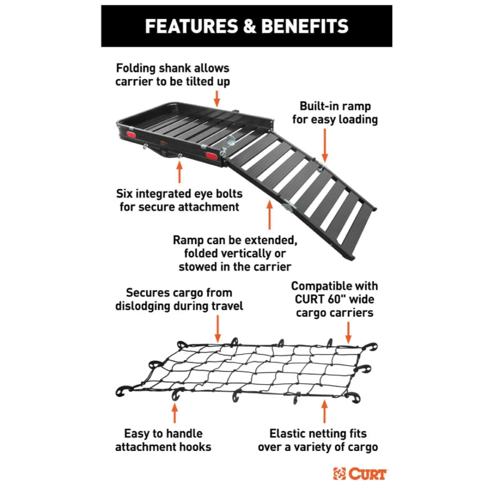 CURT 50x30.5 Aluminum Hitch Cargo Carrier with Folding Ramp, Cargo Net & Hitch Lock
