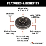 lippert left‑hand 12x2 self‑adjusting electric trailer brake with 12 inch 6 on 5.5 hub‑only drum kit for 6k axles dexter alko compatible