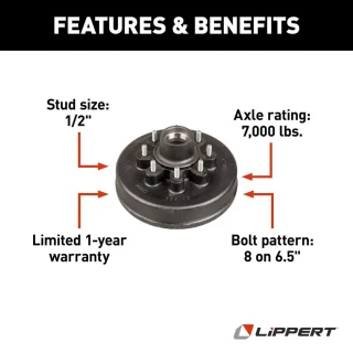 Lippert 12 inch 7K electric trailer brake & hub drum kit 8 on 6.5 bolt pattern Dexter compatible