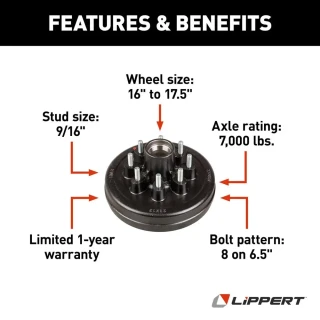 Lippert 12 inch 7K trailer brake hub and drum 8 on 6.5 9/16 studs 6-pack fits Dexter Alko Rockwell