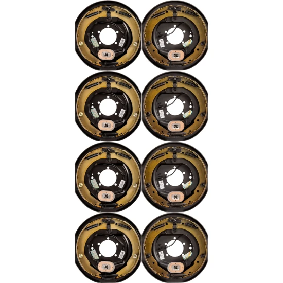 Lippert quad‑axle 12‑inch manual electric brake assemblies with hybrid oil‑bath 8‑on‑6.5 drum hubs, 9/16‑inch studs, 7K/8K Hybrid, Dexter Alko Rockwell compatible
