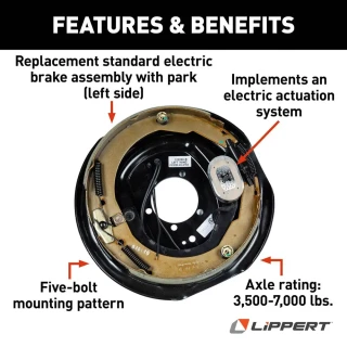 Lippert 12‑inch electric brake assemblies with 6‑on‑5.5 drum hubs and bearing kits, Dexter/Alko/Rockwell compatible for 6K axle