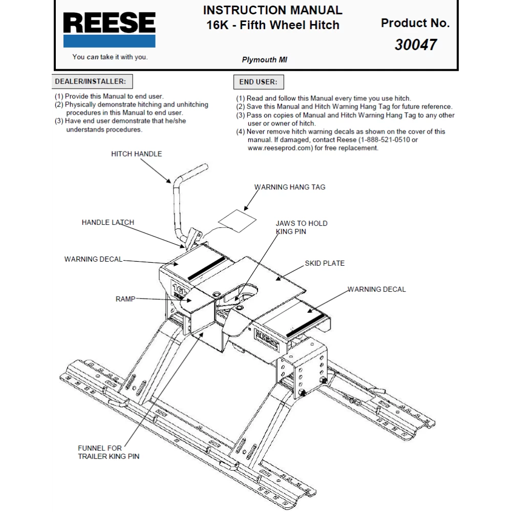 Reese Dual Jaw 16K Fifth Wheel Trailer Hitch w/ Round Tube Slider and Rails For Select Chevy GMC Ford Dodge Ram Trucks Truck Base Rail Kit 5th Wheel Brackets Hardware