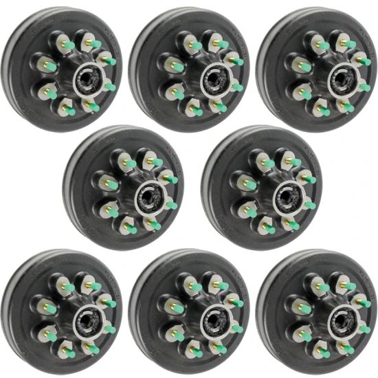 Lippert quad‑axle 12‑inch manual electric brake assemblies with hybrid oil‑bath 8‑on‑6.5 drum hubs, 9/16‑inch studs, 7K/8K Hybrid, Dexter Alko Rockwell compatible