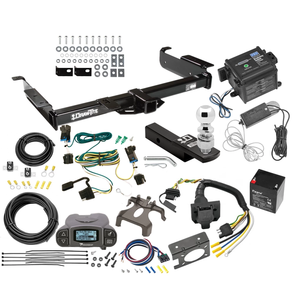 Class 5 2" Receiver Hitch For 03-27 Chevy Express GMC Savana 1500 2500 3500 w/ Tekonsha Prodigy P3 Trailer Brake Control 7-Way RV Wiring Breakaway Battery Charger Complete System 2-5/16" Tow Ball