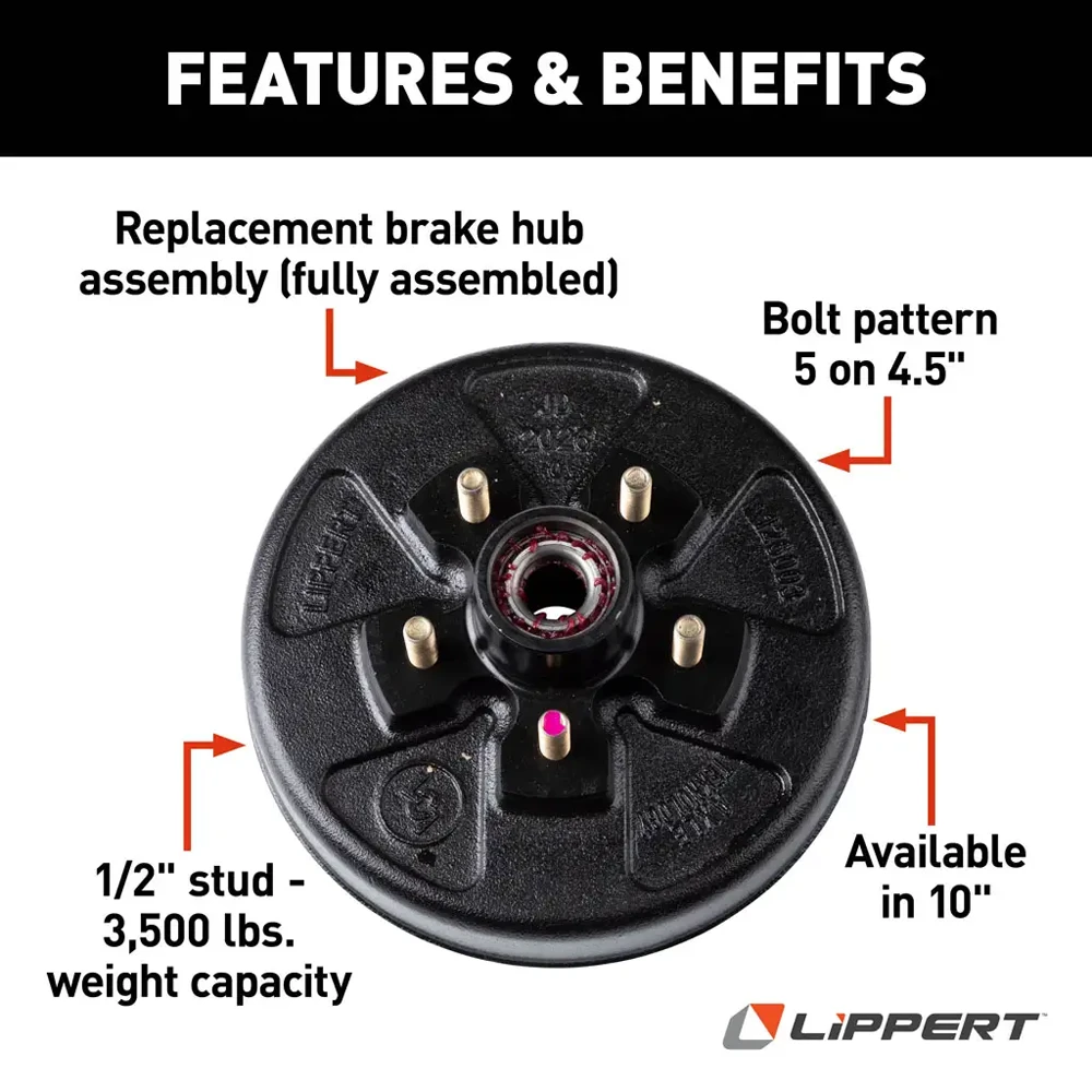 lippert 10x2.25 left-hand electric brake with 5-on-4.5 drum hub bundle for 3,500-lb axle dexter compatible