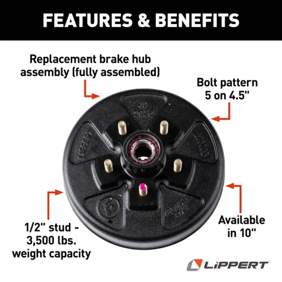 Lippert 3,500-lb axle brake kit with 10-inch electric brakes & pre-greased 5-on-4.5 drum hubs, compatible with Dexter & Alko axles