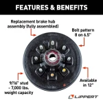 lippert 12 inch brake assemblies & fully assembled 8‑on‑6.5 drum hub kit, dexter alko rockwell compatible, 7k axle
