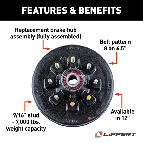 lippert 12 inch brake assemblies & fully assembled 8‑on‑6.5 drum hub kit, dexter alko rockwell compatible, 7k axle