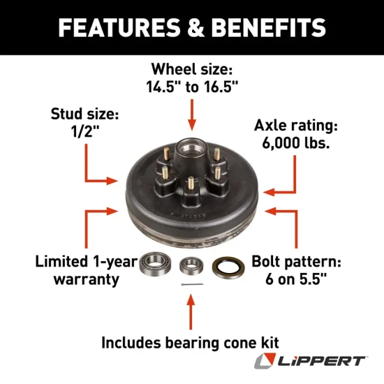 Lippert Dexter compatible 12 inch electric brake and 6‑on‑5.5 hub drum bearing kit for 6K tandem axles