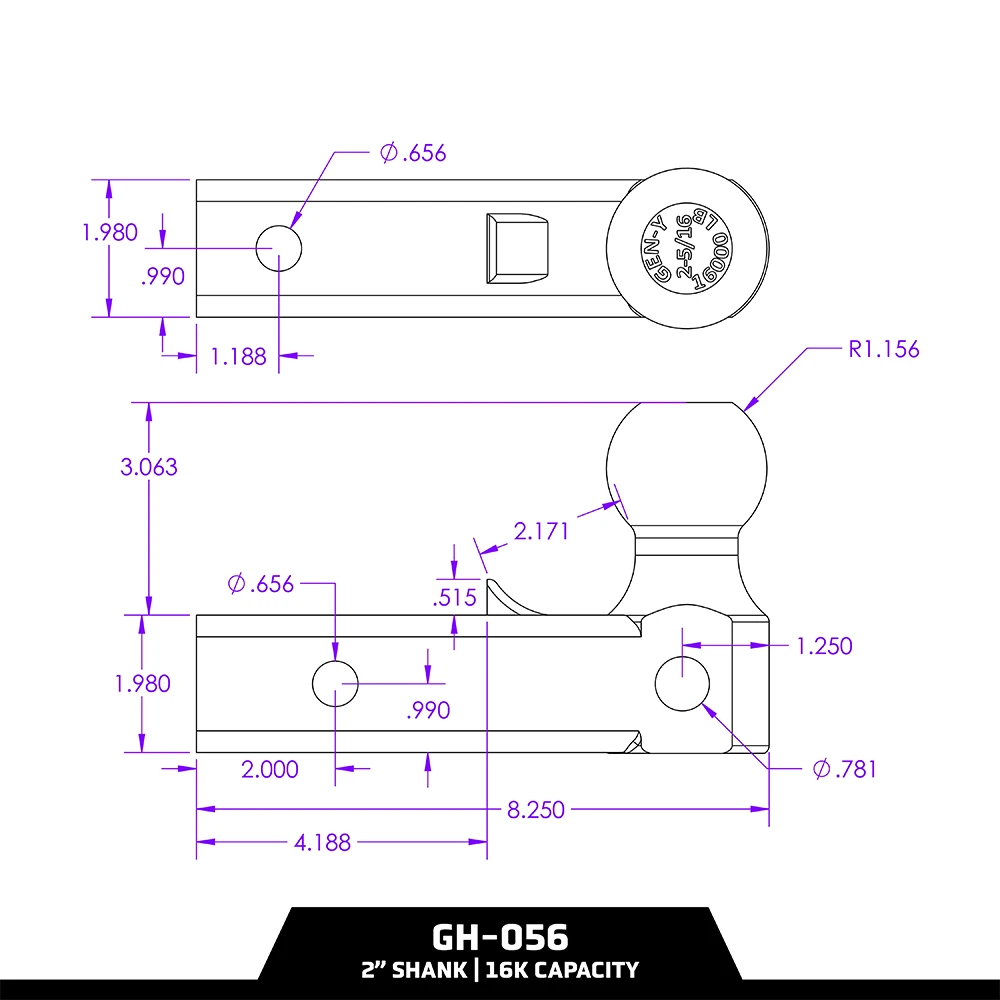 GEN-Y TJ-GH-056 GH-056 replacement 16K single ball mount 2 inch shank 2-5/16 ball 2000 lb tongue weight