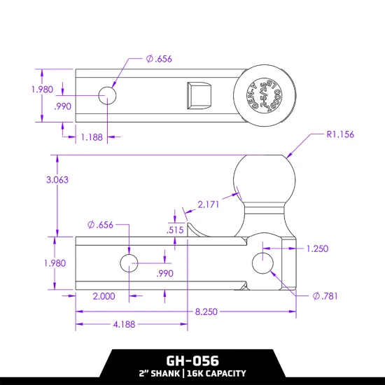 GEN-Y TJ-GH-056 GH-056 replacement 16K single ball mount 2 inch shank 2-5/16 ball 2000 lb tongue weight