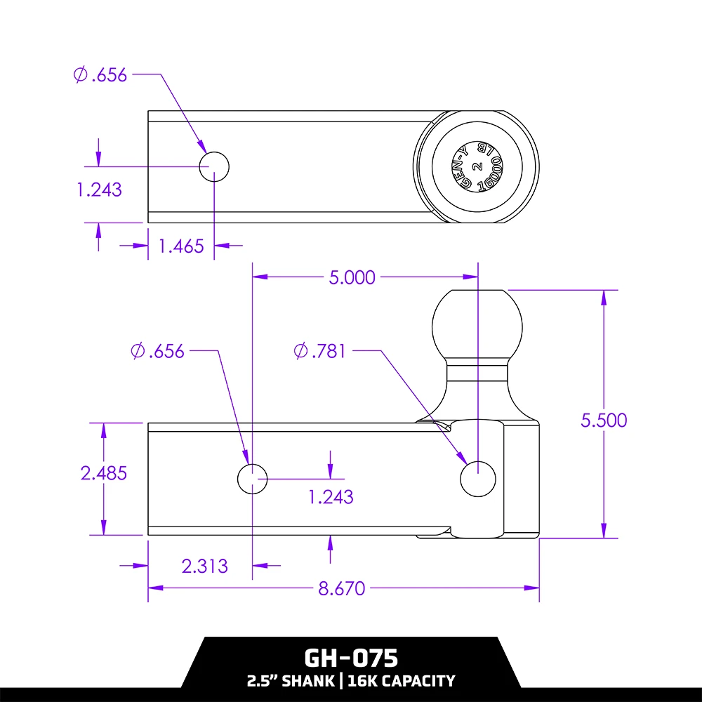 GEN-Y TJ-GH-075 replacement single ball mount 2.5 inch shank 2 inch ball fits 2-1/2 inch receiver