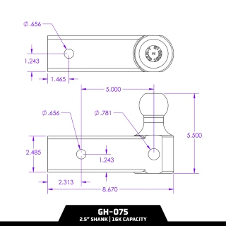 GEN-Y TJ-GH-075 replacement single ball mount 2.5 inch shank 2 inch ball fits 2-1/2 inch receiver