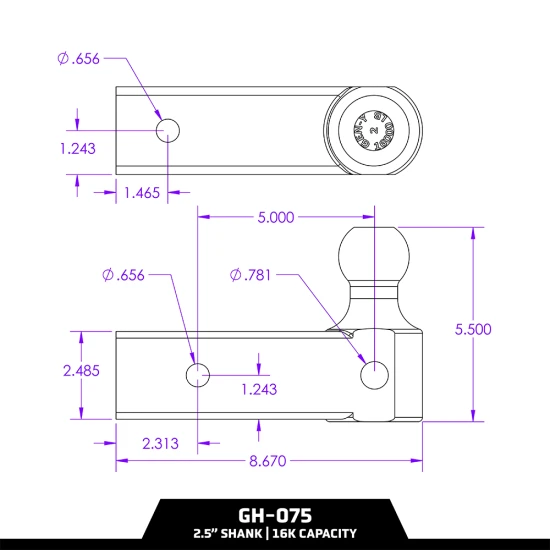 GEN-Y TJ-GH-075 replacement single ball mount 2.5 inch shank 2 inch ball fits 2-1/2 inch receiver