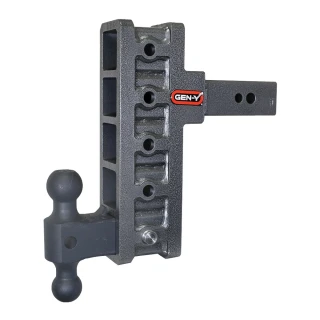 GEN-Y Mega-Duty 32K adjustable drop hitch with 2.5″ offset shank, 3″ rise, 9″ drop, dual-ball mount, silver-vein finish