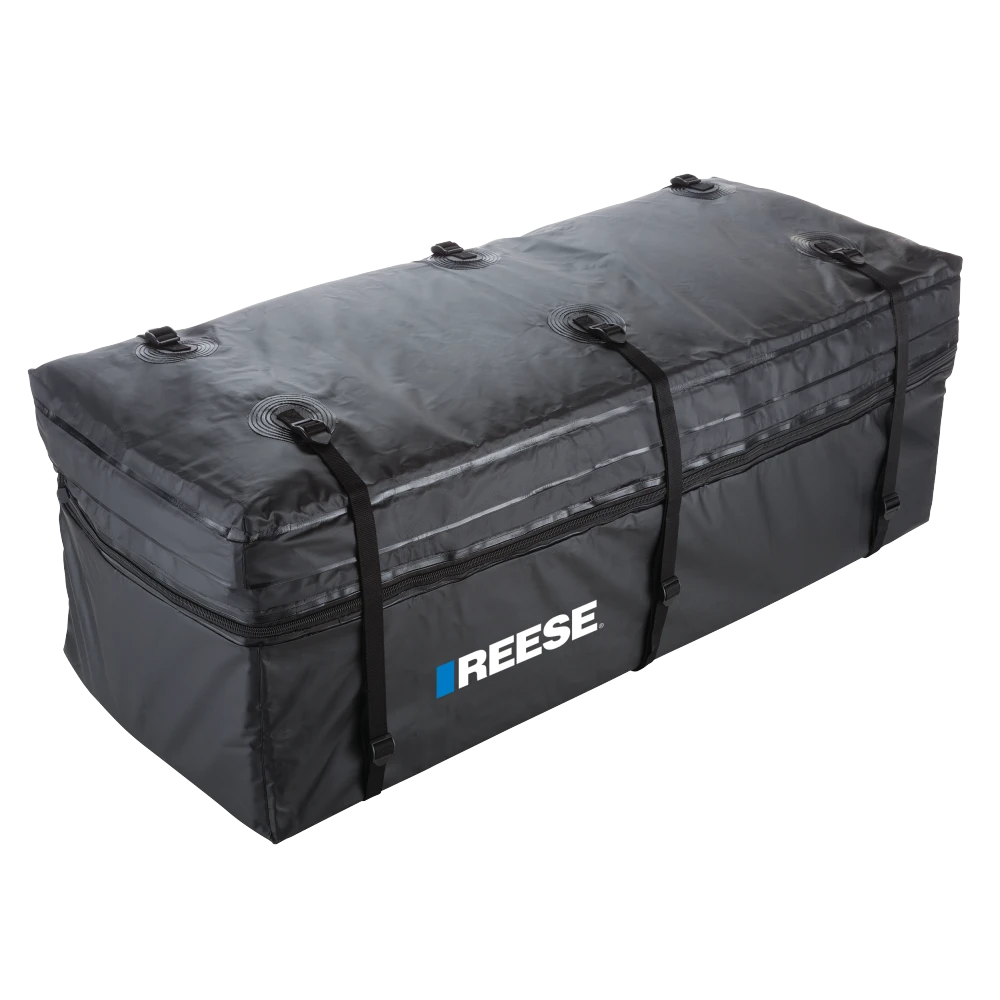 Black REESE Olympia expandable hitch-mounted cargo bag on a carrier