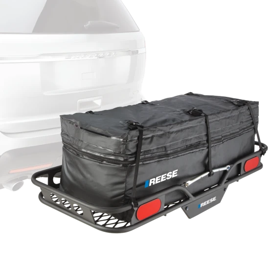 Black REESE Olympia expandable hitch-mounted cargo bag on a carrier