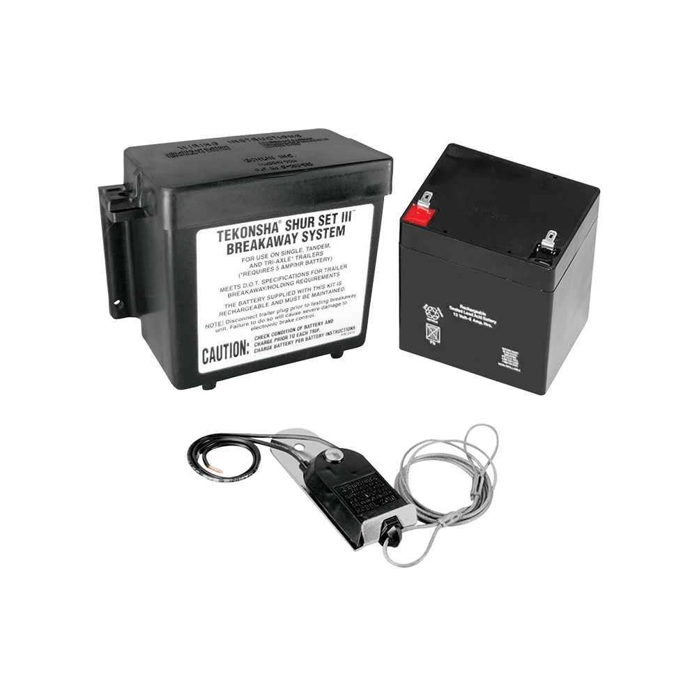 Complete trailer breakaway system for electric brakes with weather-resistant case and battery components.