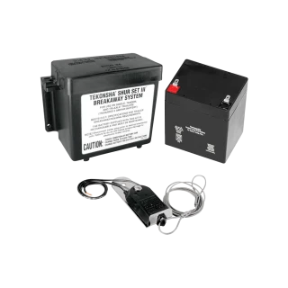 Complete trailer breakaway system for electric brakes with weather-resistant case and battery components.