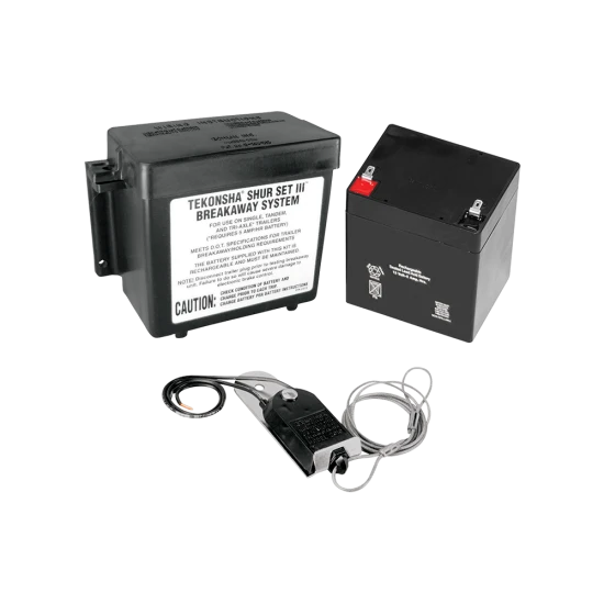 Complete trailer breakaway system for electric brakes with weather-resistant case and battery components.