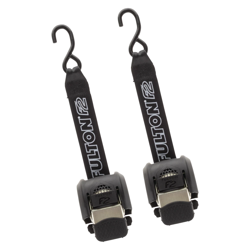 Fulton F2 Transom tie downs for secure boat travel with retractable strap and J-hooks