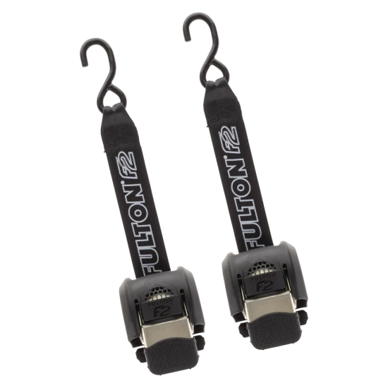 Fulton F2 Transom tie downs for secure boat travel with retractable strap and J-hooks