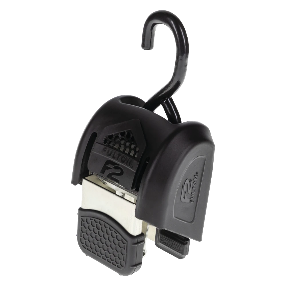 Fulton F2 Transom tie downs for secure boat travel with retractable strap and J-hooks