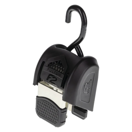Fulton F2 Transom tie downs for secure boat travel with retractable strap and J-hooks