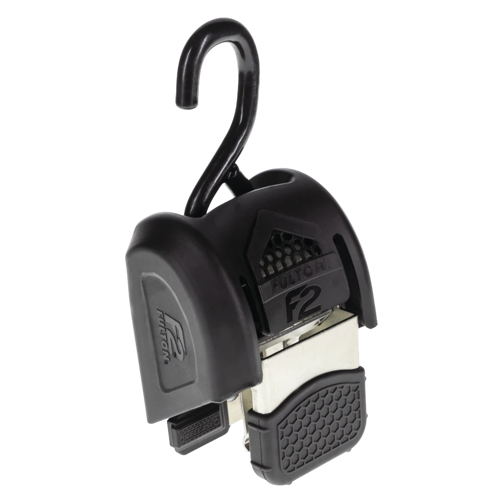 Fulton F2 Transom tie downs for secure boat travel with retractable strap and J-hooks