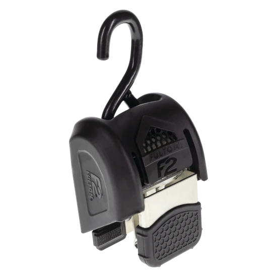 Fulton F2 Transom tie downs for secure boat travel with retractable strap and J-hooks