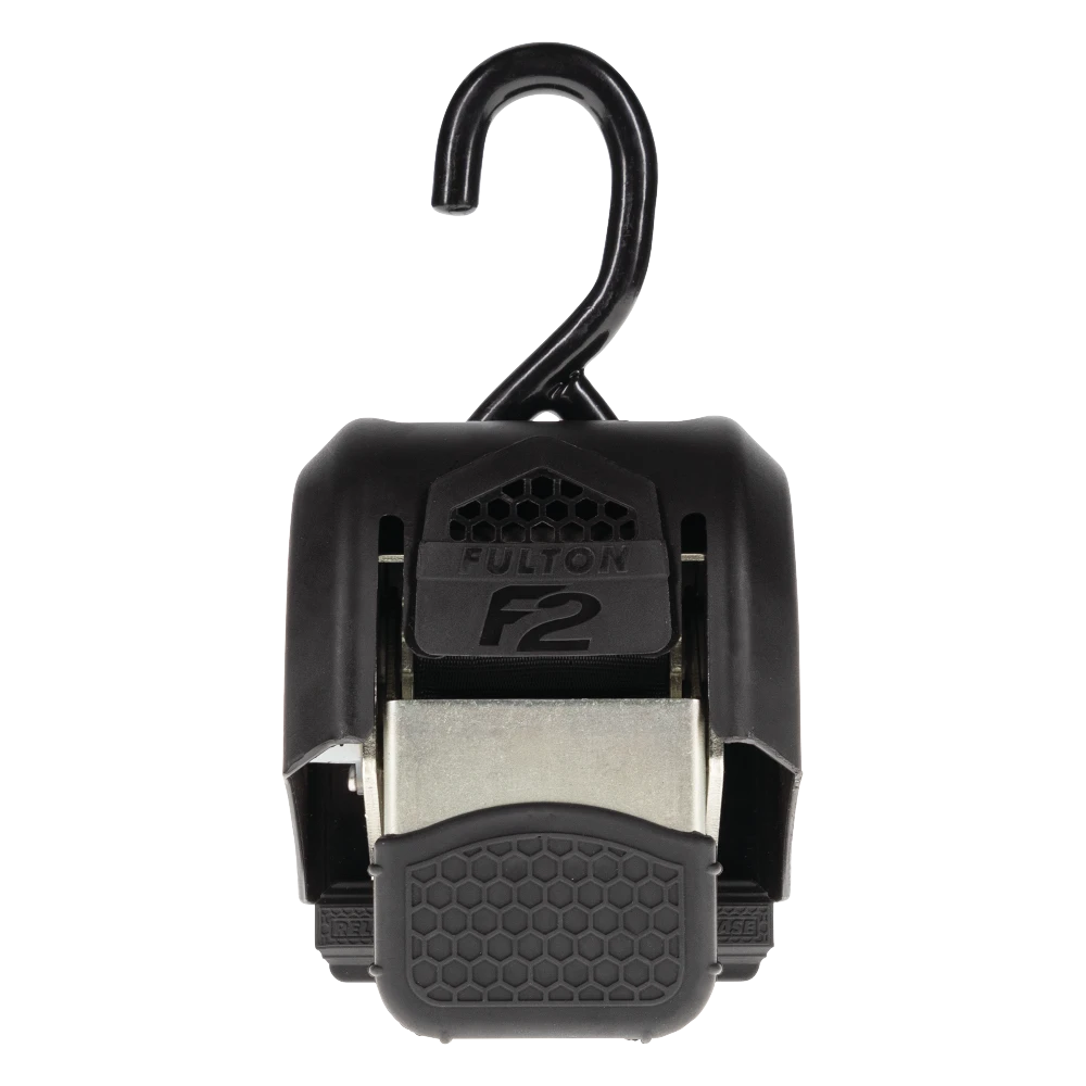 Fulton F2 Transom tie downs for secure boat travel with retractable strap and J-hooks