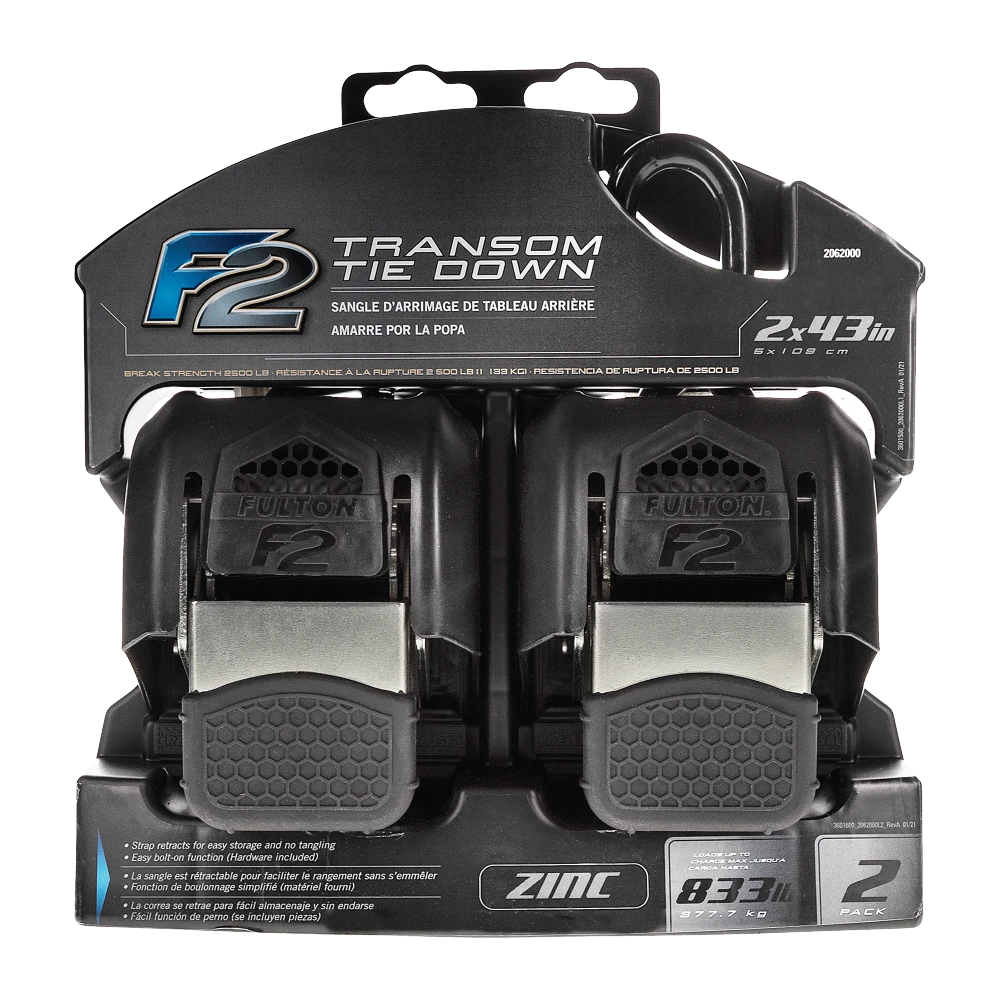 Fulton F2 Transom tie downs for secure boat travel with retractable strap and J-hooks