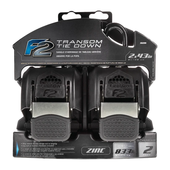 Fulton F2 Transom tie downs for secure boat travel with retractable strap and J-hooks