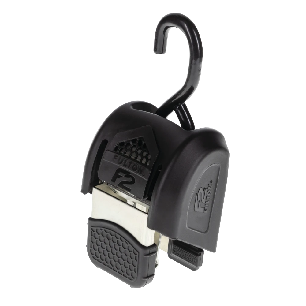 Fulton F2 transom tie downs ensure safe towing, with retractable straps and vinyl-coated hooks for protection.