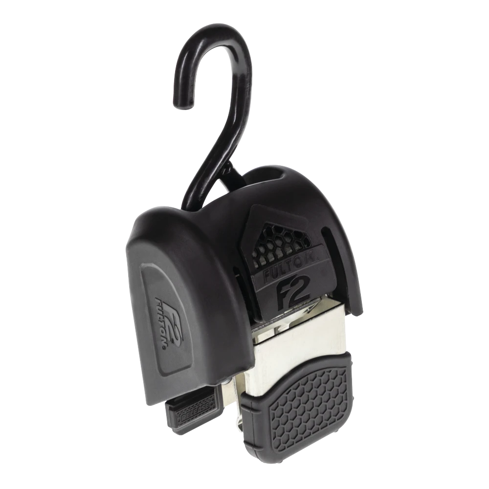 Fulton F2 transom tie downs ensure safe towing, with retractable straps and vinyl-coated hooks for protection.