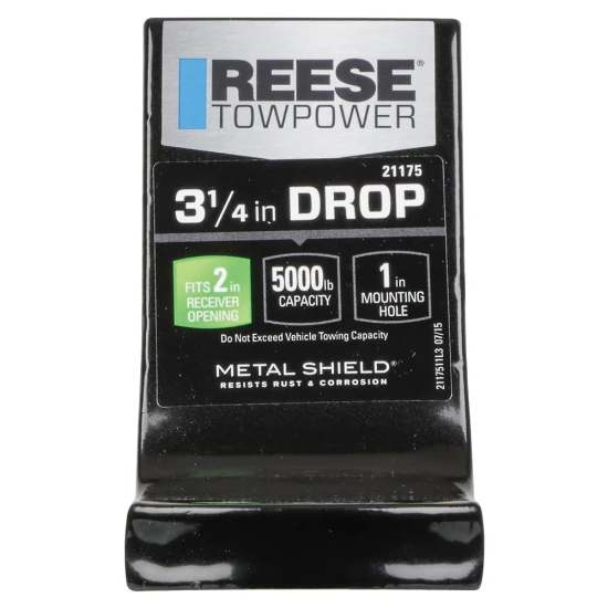 REESE ball mount designed for 2 inch hitch receiver, offering a 3-1/4 inch drop and 5,000 lbs capacity with a metal shield finish.