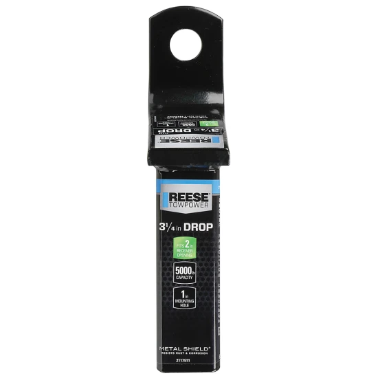 REESE ball mount designed for 2 inch hitch receiver, offering a 3-1/4 inch drop and 5,000 lbs capacity with a metal shield finish.
