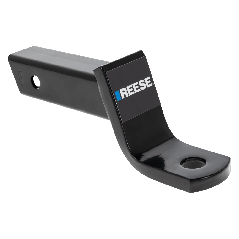 REESE ball mount designed for 2 inch hitch receiver, offering a 3-1/4 inch drop and 5,000 lbs capacity with a metal shield finish.