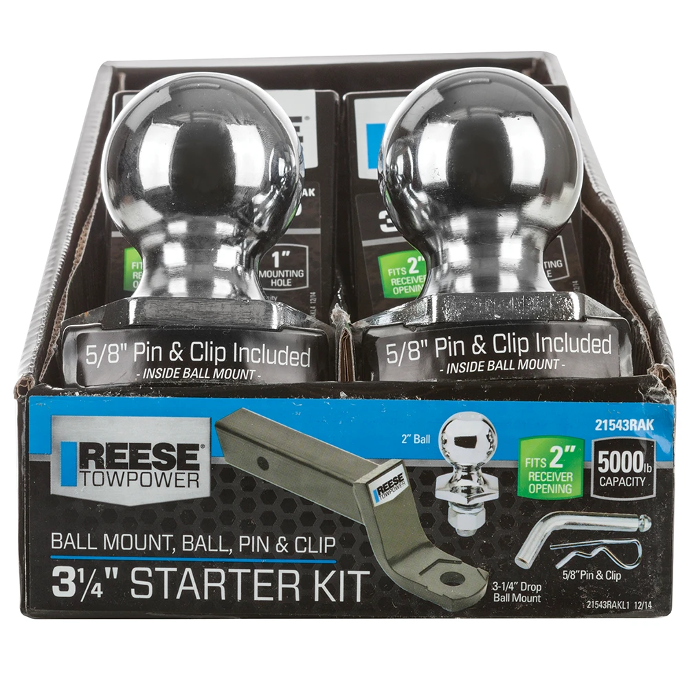 REESE starter kit including ball mount, pre-torqued hitch ball, pin and clip for towing