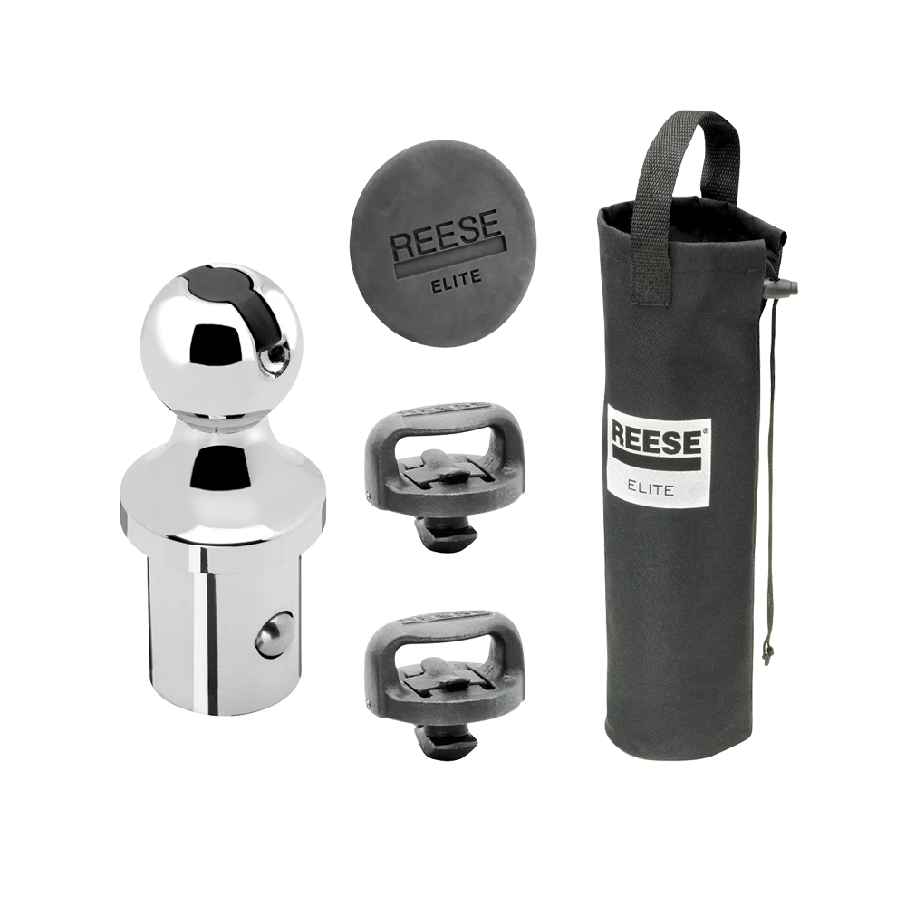Gooseneck hitch kit with large ball, safety chain holders, and storage bag