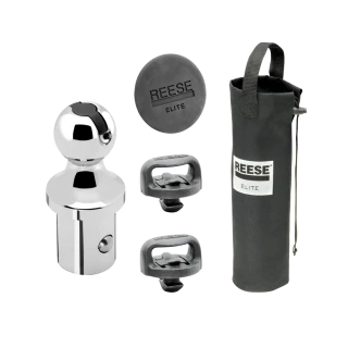Gooseneck hitch kit with large ball, safety chain holders, and storage bag